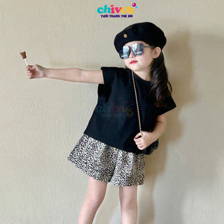 Set bé gái sành điệu gồm áo cotton đi kèm quần thô chéo hàn đứng dáng, đồ bộ bé gái phong cách tiểu thư cá tính