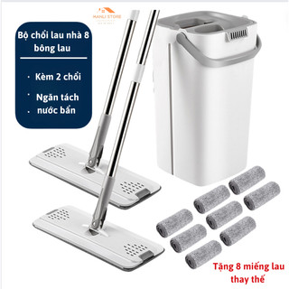 Bộ chổi lau nhà kèm 8 miếng lau 2 ngăn riêng biệt tách nước bẩn Chổi Lau Nhà Tự Vắt Thông Minh vắt kiệt nước