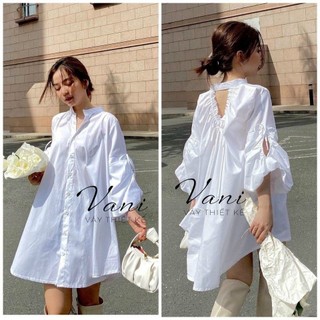 Đầm sơ mi suông fom rộng chất LỤA mịn cao cấp mặc mát cổ sơ mi trụ tay phồng lỡ 4 màu hở lưng