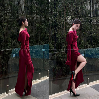 Mary dress Đầm lụa thiết kế tay dài hở lưng đổ, xẻ tà nữ tính sang trọng Peachtea Corner