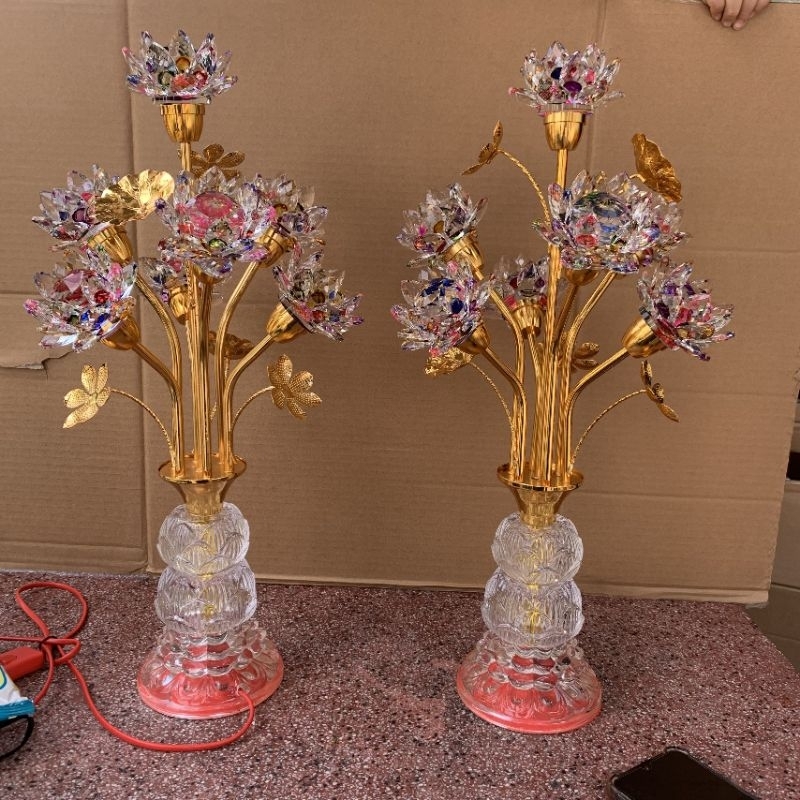 cặp đèn thờ cúng 7 bông pha lê hoa sen 48cm