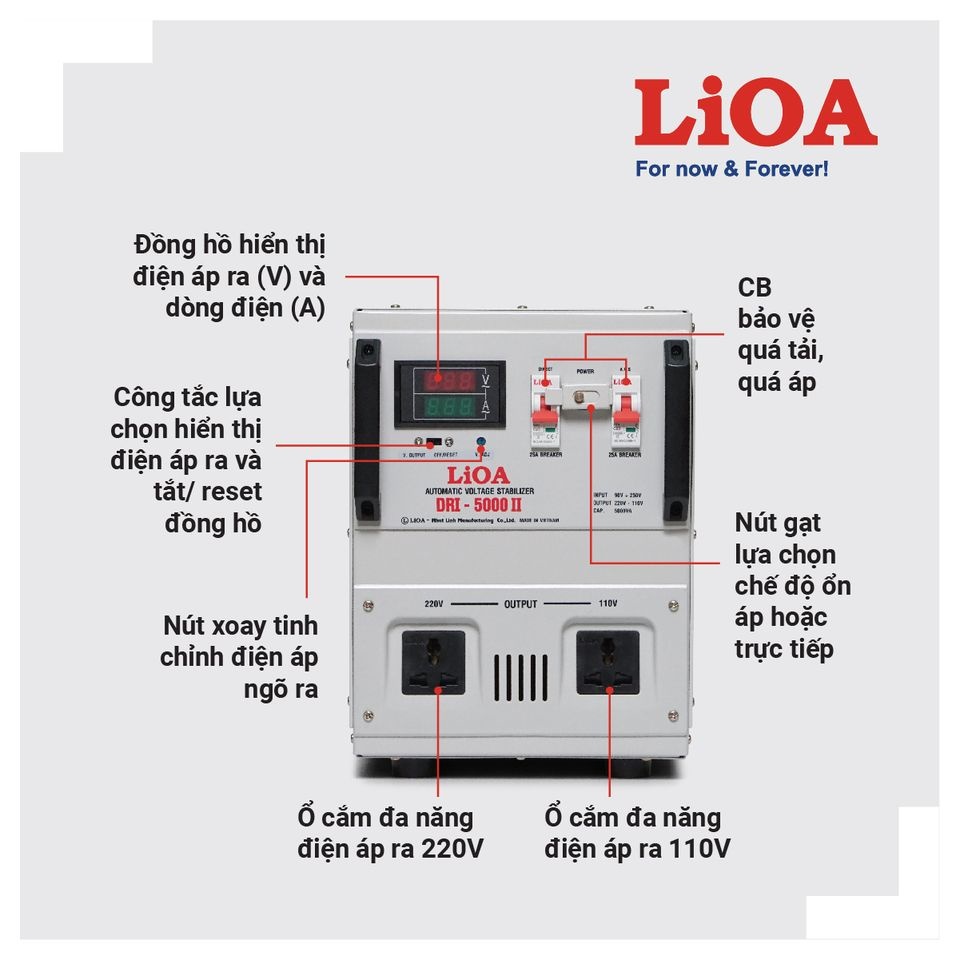 Ổn áp LiOA 5KVA dải 90 DRI-5000II 1 pha - LiOA Nhật Linh 5KW 5KG 5000VA 5000W dây đồng thế hệ mới