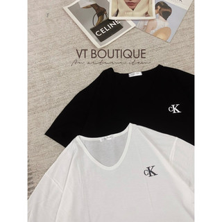 [Ảnh thật] Áo thun cotton giấy cộc tay vạt bầu cổ tim nữ in C.K freesize 2 màu hottrend