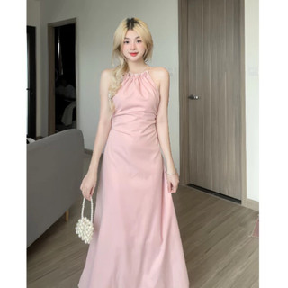 Váy maxi cổ yếm khoét lưng dáng xoè chất đũi nhăn hồng be đen đi biển đi chơi dễ thương, Đầm mina hở vai xoè hàn quốc