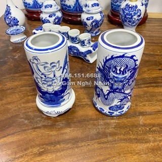 Lọ đựng hương, ống cắm hương rồng, sen thờ cúng men lam cổ - đồ thờ cúng bát tràng