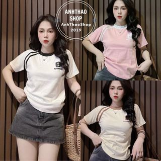 Áo thun nữ ôm body in logo cổ tròn tay ngắn, áo thun nữ phom babytee sọc vai. Áo thun borip dáng ôm body sọc vai mã B