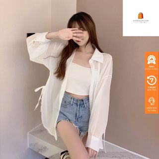 Áo Sơ Mi, Áo Khoác Mỏng Xẻ Tà Cột Nơ Sườn Cổ Bẻ Tay Phồng Form Rộng Dáng Dài Phối Áo 2 Dây Năng Động Pc Qccc Shopquacam