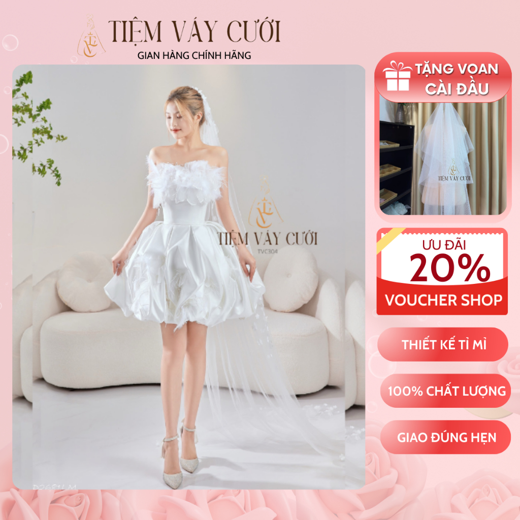 [Tặng Voan + Mút Ngực] Váy Cưới Đi Bàn, Đầm Cưới Ngắn, Cúp Ngực, Hoạ Tiết, TVC304