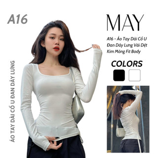 A16 - Áo Tay Dài Cổ U Ôm Fit Body Vải Dệt Kim Mỏng Tôn Dáng Nữ Mùa Hè