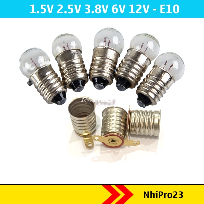 Set 5 Bóng đèn sợi đốt 1.5v 2.5v 3.8v 6v 12v đui xoáy e10 bóng đèn pin thí nghiệm STEAM