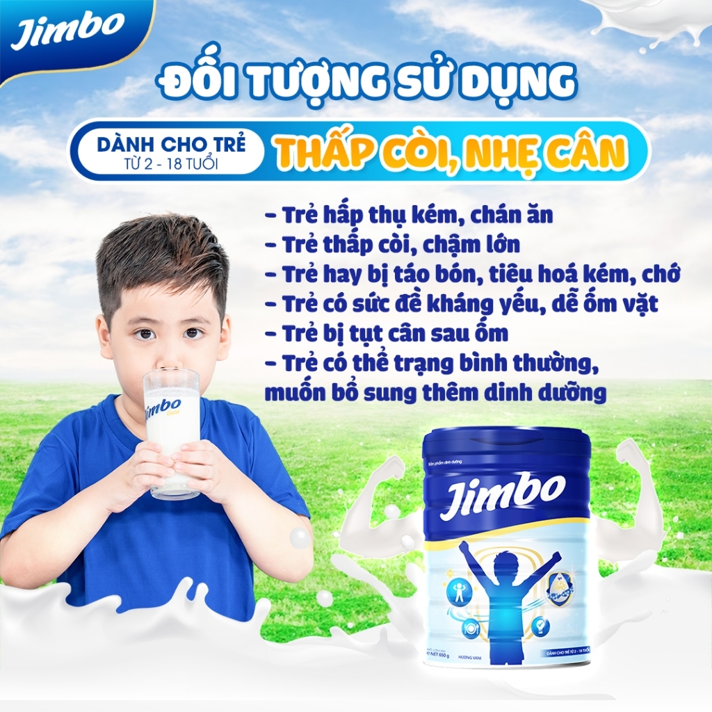 Sữa bột JIMBO 650g chuyên biệt cho trẻ từ 3 đến 18 tuổi giúp tăng cân, tăng sức đề kháng và phát triển trí não