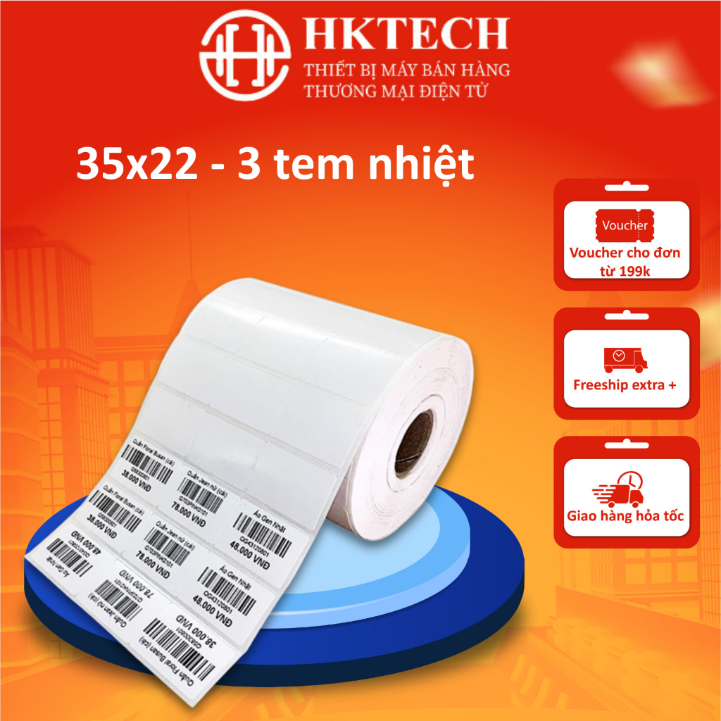 Giấy In Mã Vạch 3 Tem 35x22 mm In Nhiệt (Cuộn 30 Mét)