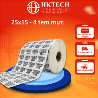  Giấy in mã vạch khổ 25x15 mm 4 tem hàng cuộn 50m giấy in mực 