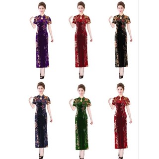 Suờn xám cách tân cổ đứng tay ngắn phối nhung ép cườm đính ngọc hoa hồng kết đá, Sườn xám trung niên lụa hoa phối nhung