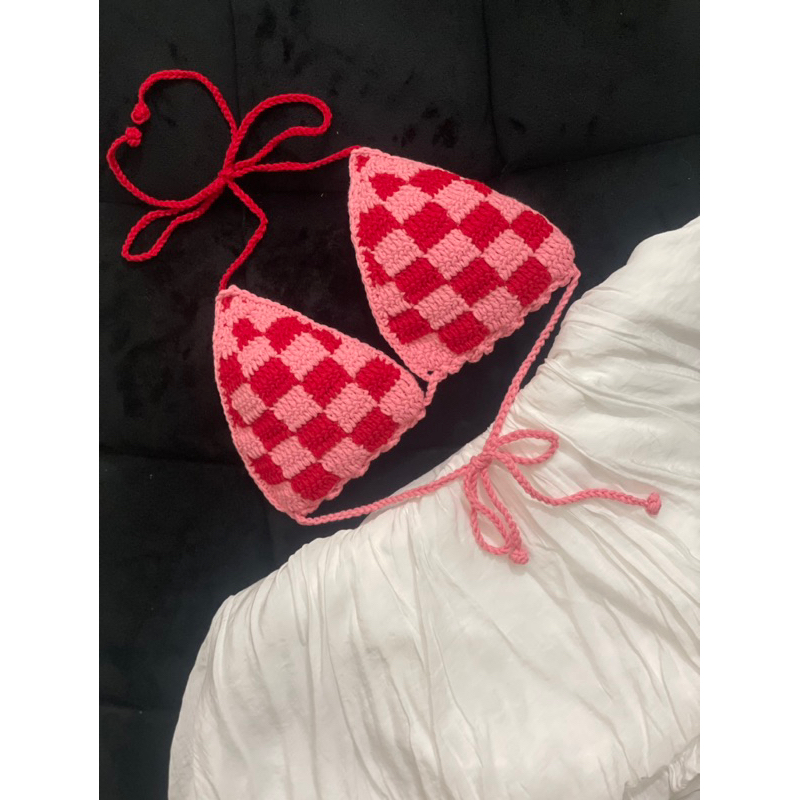 Áo bikini móc len sọc caro