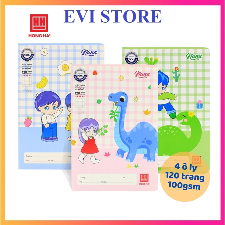 Set 5 quyển vở 4 ô ly 120 trang Hồng Hà School Nuna định lượng 100gsm 0605 / Vở ô ly Hồng Hà 0605