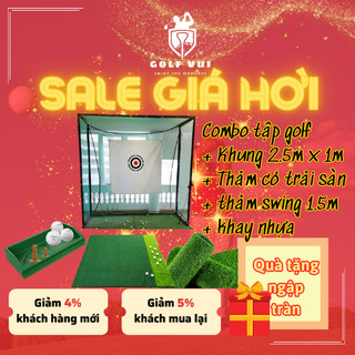 Combo khung tập golf 2.5m x 2.5m x 1m, thảm swing 1.5m x 1.5m, khay nhựa, thảm cỏ trải sàn