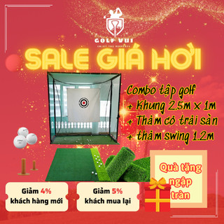 Combo khung tập golf 2.5m x 2.5m x 1m, thảm swing 1.2m x 1.2m, thảm cỏ trải sàn