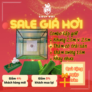 Combo khung tập golf 2.5m x 2.5m x 2.5m, thảm swing 1.5m x 1.5m, khay nhựa, thảm cỏ trải sàn