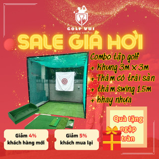 Combo khung tập golf 3m x 3m x 3m, thảm swing 1.5m x 1.5m, khay nhựa, thảm cỏ trải sàn