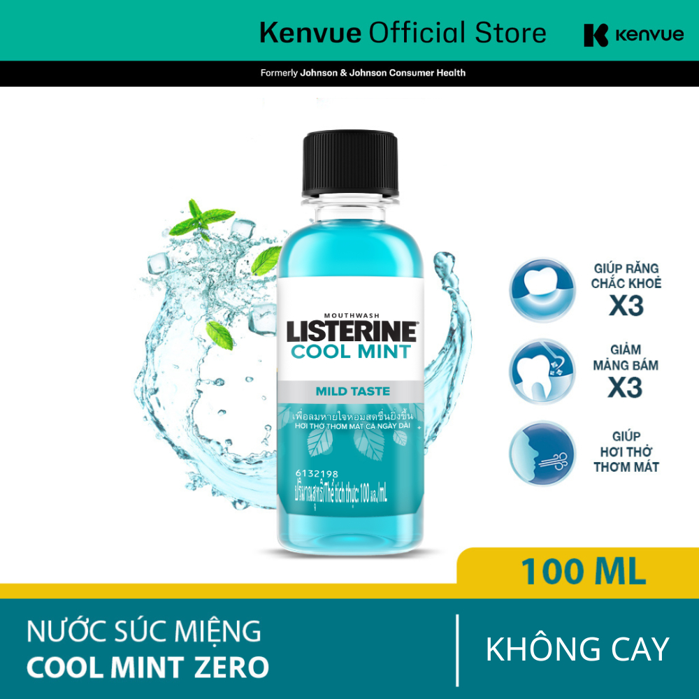 Nước súc miệng không cay giúp hơi thở thơm mát Listerine Cool Mint Zero Alcohol - Dung tích 100ml