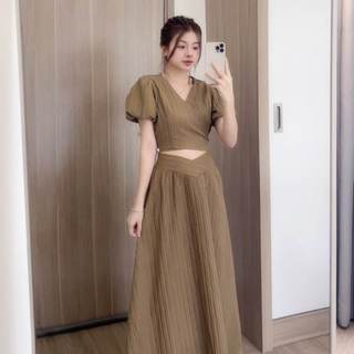 Set áo cổ V buộc nơ lưng kèm chân váy dài V88 CHANGSTORE