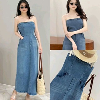 Váy Đầm Jean Nữ Denim Trễ Vai Cúp Ngực Xanh Khói Size S M - Halinh Shop - Váy Quây Cúp Ngực Dáng Dài Chất Liệu BÒ QCL1