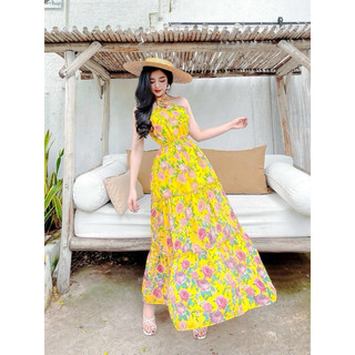 Đầm maxi đi biển TRIPBLE T DRESS voan hoa có lót sang trọng - Free size dưới 54kg