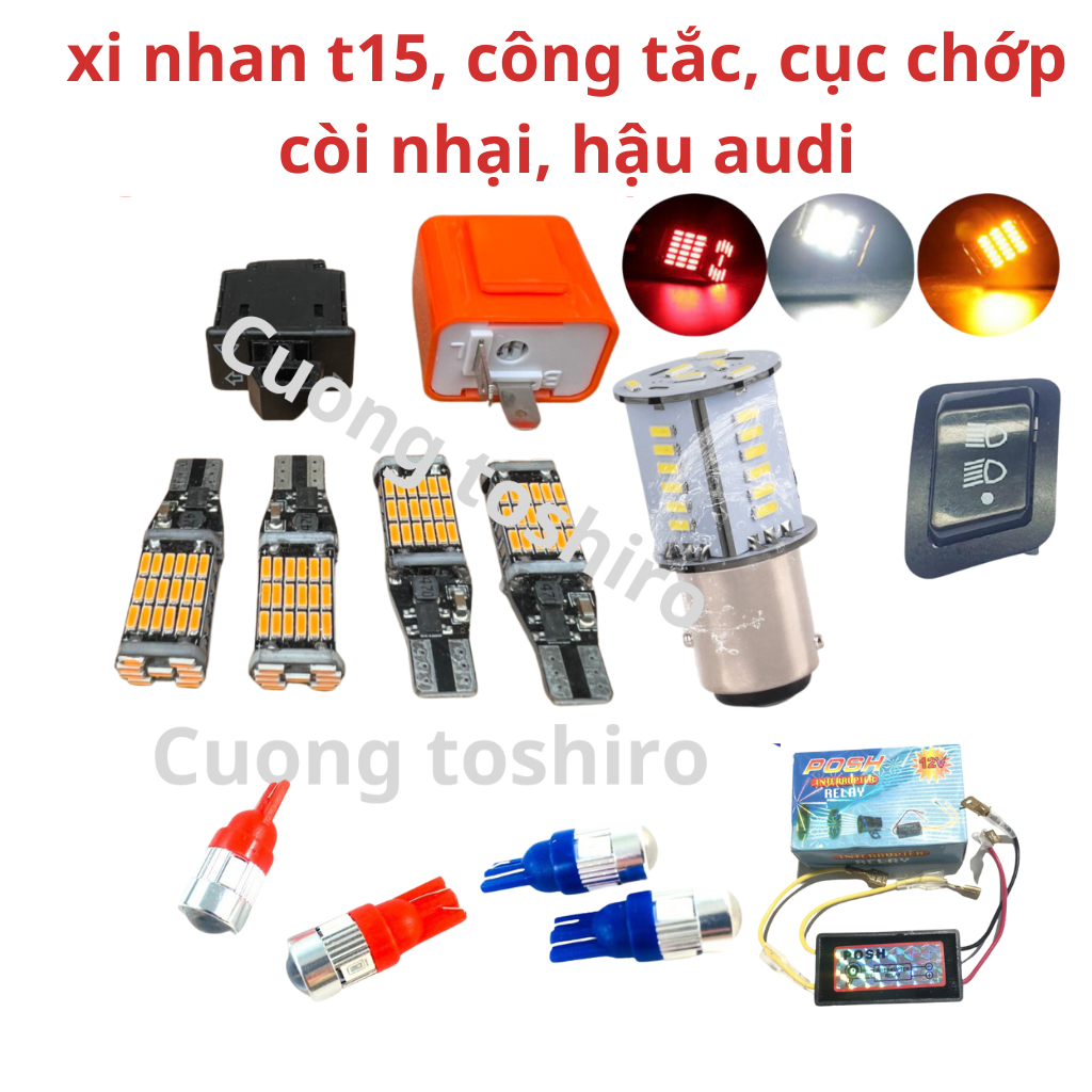 Đèn xi nhan led T15, bóng hậu audi, còi nhại, công tắc, cục chớp cho xe máy đủ màu wave, exciter, sirius, lead vision