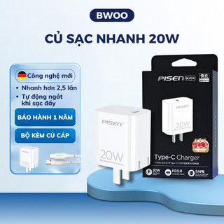 Củ sạc nhanh Pisen 20W C119, cổng C, 5V-3A, tự động ngắt điện khi sạc đầy chính hãng bảo hành 1 đổi 1 trong 12 tháng