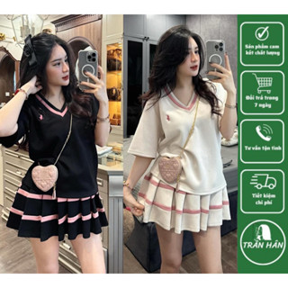 SET ĐỒ NỮ, ĐỒ BỘ NỮ SANG CHẢNH - Set váy áo nữ cổ V phối viền màu kèm chân váy xếp ly hot girl chất liệu cotton hàng đẹp