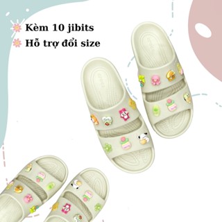 Dép Sandal Hai Quai Đế Thấp Màu Be | Kèm 6 jibits