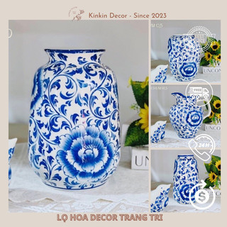 BST lọ hoa bình gốm decor hoạ tiết vẽ màu lam gốm Bát Tràng