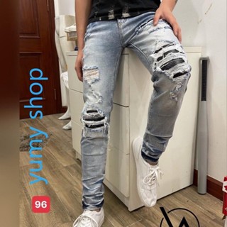 Quần jean nam xanh trắng rách gối chất bò cao cấp co dãn 4 chiều đẹp from dáng rin skinny YuMy JM96