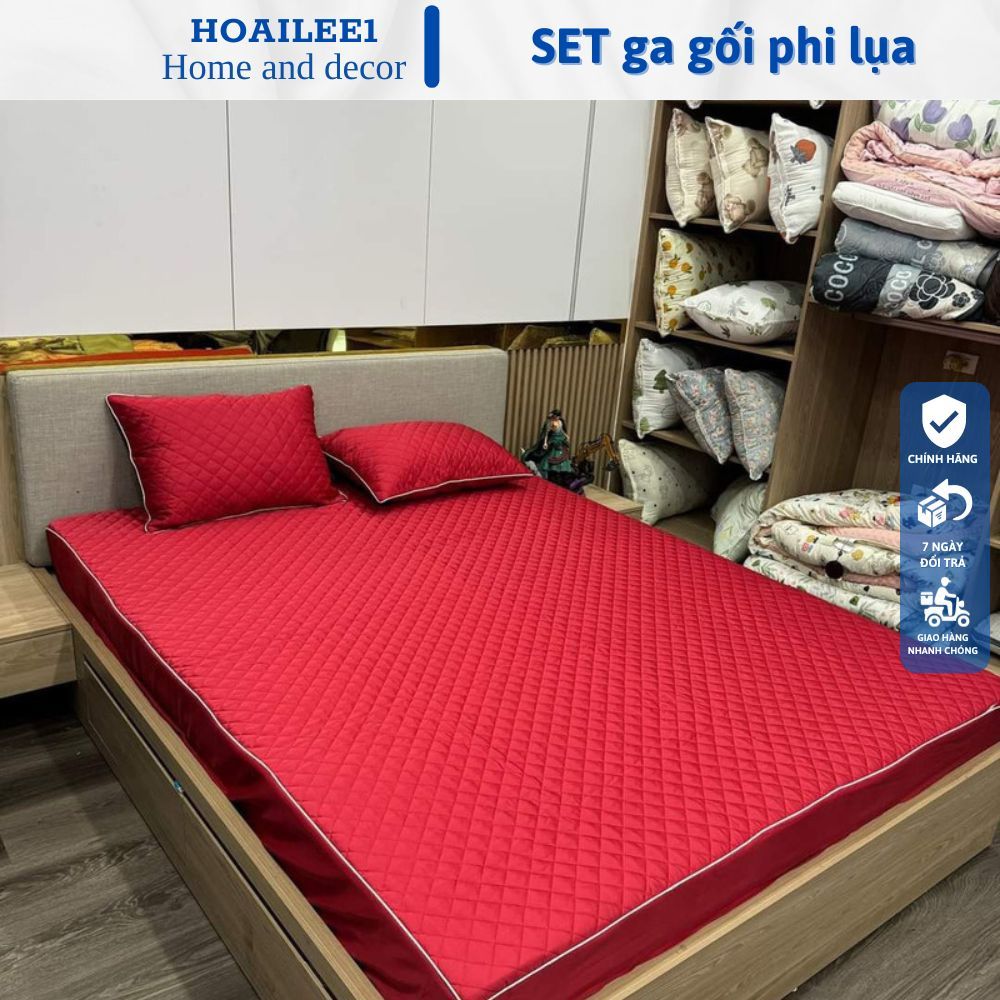 Set Ga trải giường trần bông bo chun phi lụa bộ ga gối drap giường 1 màu ga trần bông đủ kích thước 