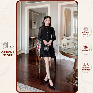 Đầm tiểu thư thắt nơ dự tiệc sang trọng quý phái She, Đầm nữ dáng A đính nút ngọc trai tinh tế SDX194