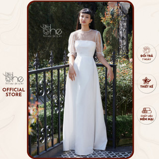 Đầm cưới hở lưng quyến rũ She, Đầm cưới cổ tròn tay phồng lửng chất liệu lụa phi 2 da phối voan nhẹ nhàng SW02