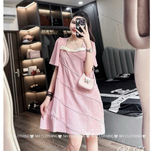 Váy cổ vuông đá nơ cổ sm