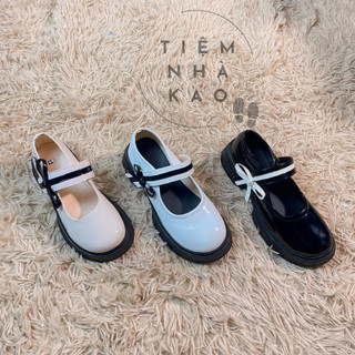 Giày lolita đế cao, giày búp bê lolita mũi tròn da bóng màu trắng, đen, kem có nơ - Tiệm nhà KAO