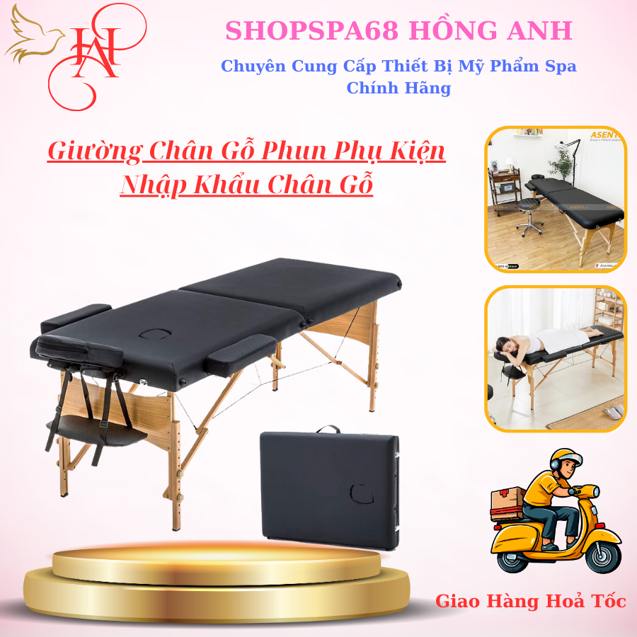 Giường Xếp Vali Phun Xăm Chân Gỗ Spa - Nối Mi Phun Xăm Tatoo - Giường Massage Gấp Gọn