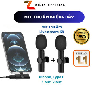 Micro thu âm không dây pucen k9 2 mic khử tiếng ồn để livestream ghi âm quay video cổng iphone và type c