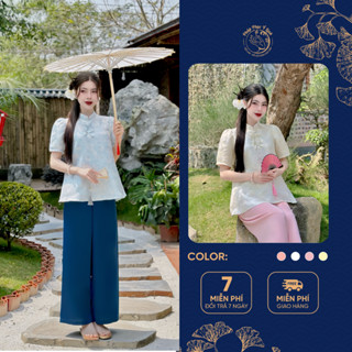  Bộ đồ đi lễ chùa nữ bộ pháp phục thêu pháo bông ngắn tay cổ tàu phù hợp đi lễ chùa thanh tịnh - B43 