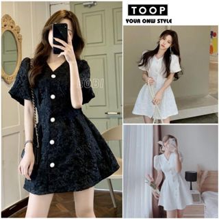 Váy gấm xốp cúc ngọc cổ V cộc tay bồng khoét eo sau dáng xoè ngắn - Đầm tiểu thư đơn giản sang chảnh - TOOPFASHION V09