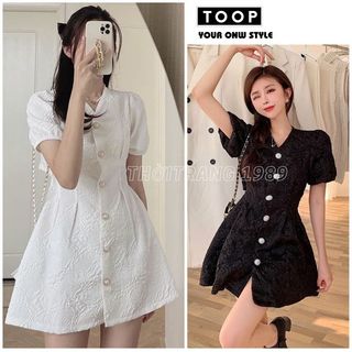 Váy gấm xốp "FREESHIP" cúc ngọc cổ V cộc tay bồng khoét eo sau dáng xoè ngắn - Đầm tiểu thư - TOOP MALL V09