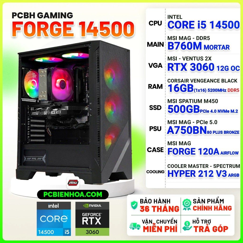 PCBH FORGE CORE I5 14500 / B760M / RTX3060 12GB / 16GB DDR5 / 500GB-36T