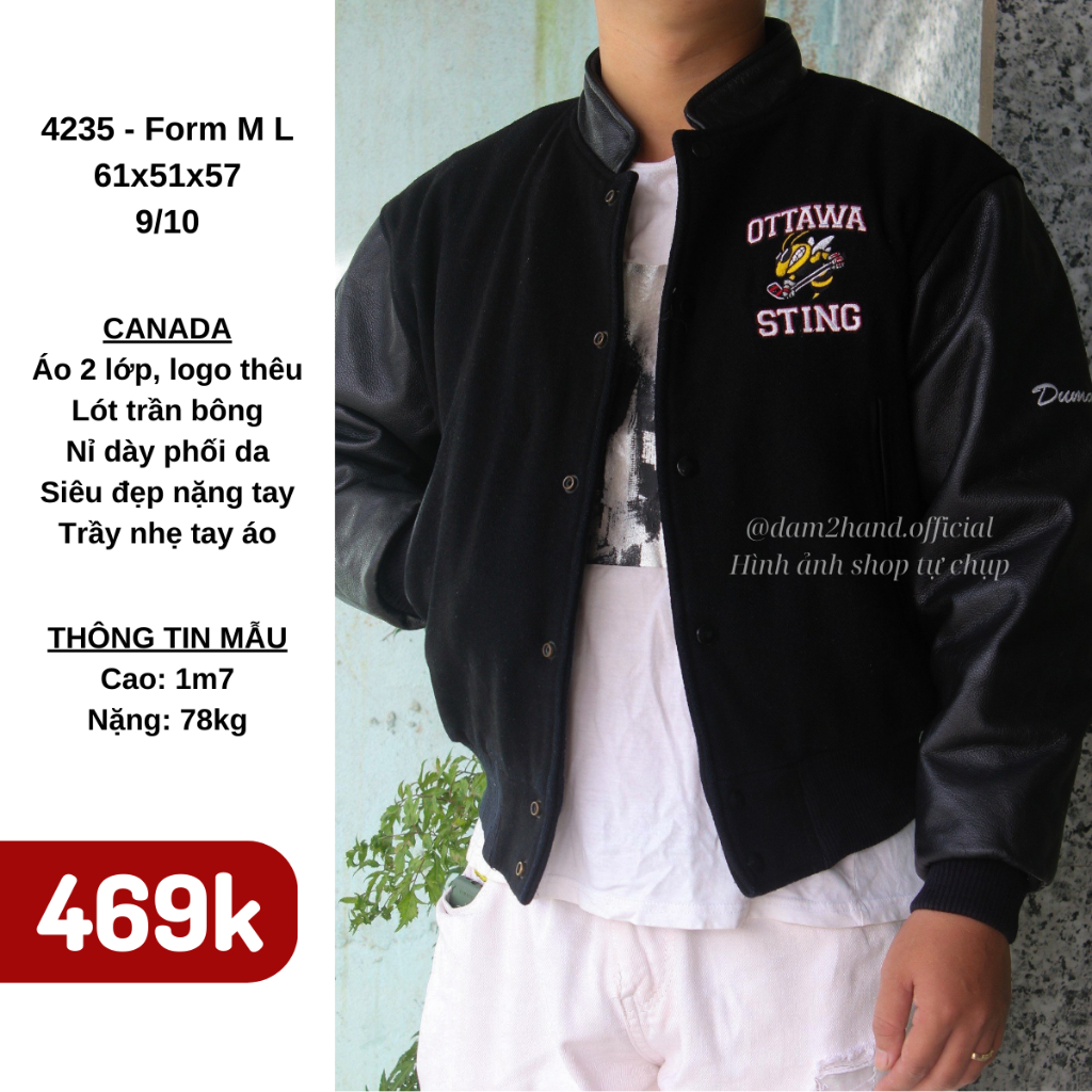 Varsity Jacket Canada Ottawa Sting - Áo Khoác Da Thật Phối Nỉ Chất Siêu Dày, Hàng Tuyển Chọn