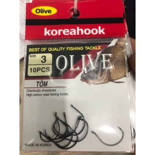 Bịch lưỡi câu tôm olive 10 lưỡi, size 1/2/3/4/5 - made in korea