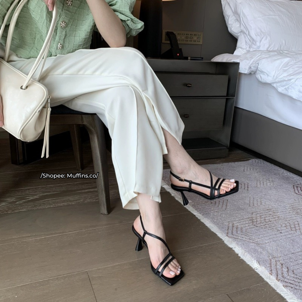 [SẴN HÀNG] 𝐌𝐮𝐟𝐟𝐢𝐧𝐬.𝐜𝐨🐧 Giày cao gót mũi vuông hở kiểu dáng Sandal quai mảnh cắt ngang đế trụ TN