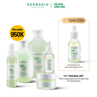Bộ 5 chăm sóc da dầu, mụn Herbario: Nước tẩy trang + Sữa rửa mặt + Xịt khoáng + Serum + Mặt nạ