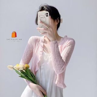 Áo Khoác Len Dệt Kim Thân Bèo Cột Nơ, Áo Cadigan Dáng Lỡ Tay Dài Dáng Ôm Thời Trang Nữ Mùa Hè Đơn Giản Phong Cách Hàn